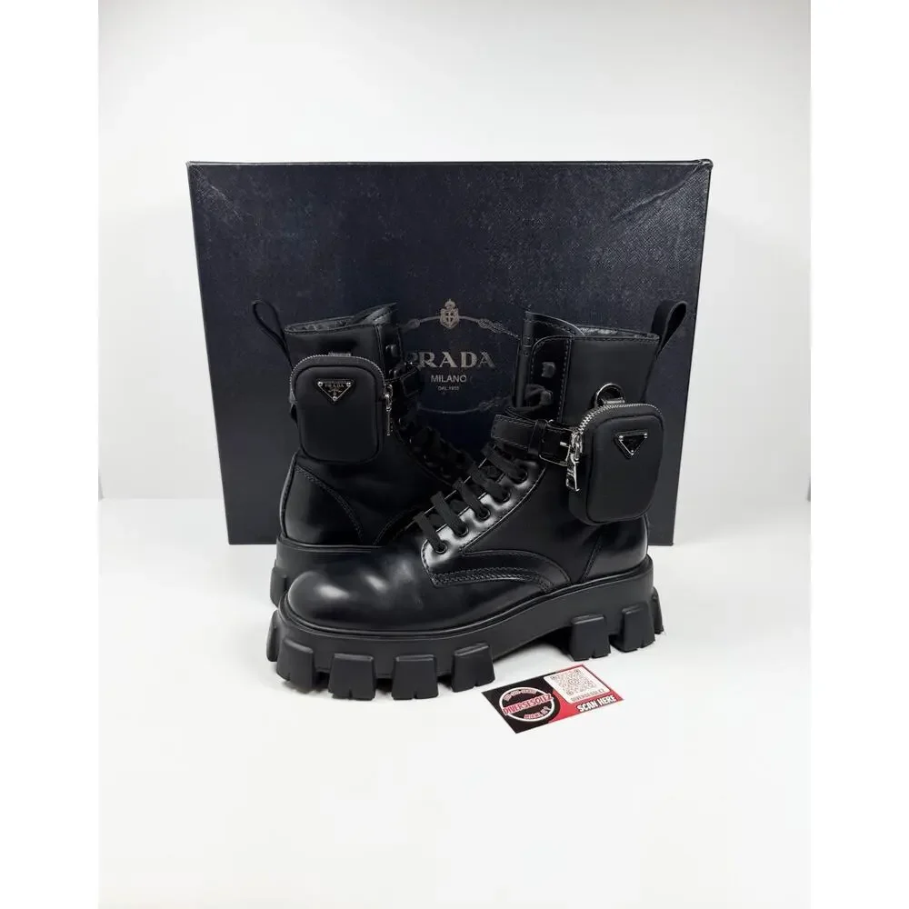 Size 9UK/10US - Prada Monolith Pouch Leather Ankle Boots